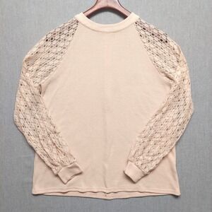 Womens Waffle Knit Sweater L Blush Crochet Lace Sleeve Textured Romantic Soft
